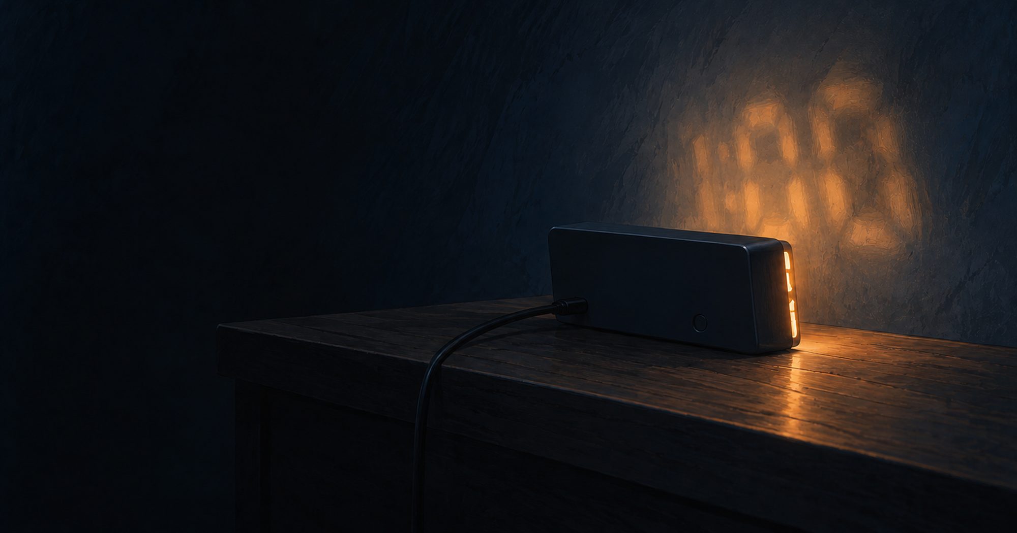 A bedside clock turned to face the wall, its light on the plaster